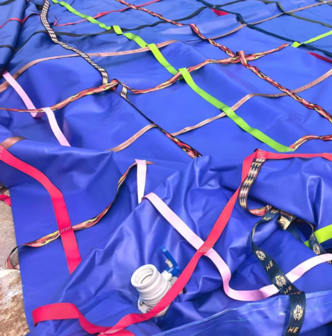 Actual blue water bladder showing crossing flat woven reinforcement straps