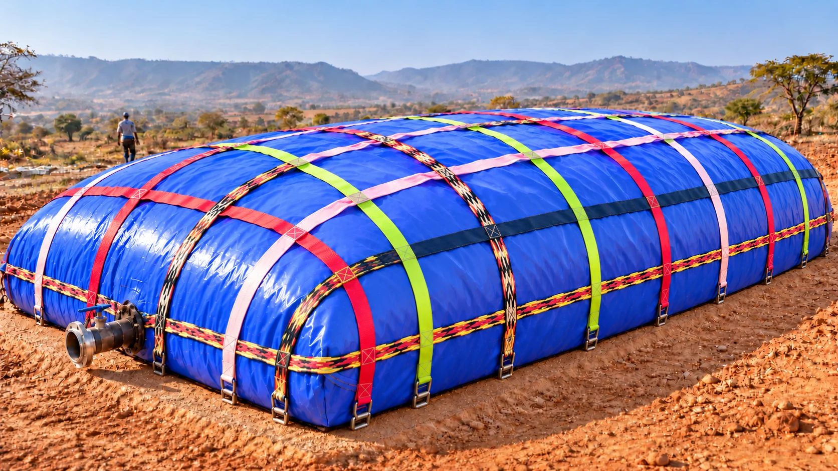 Illustrative blue water bladder with taut multicolored woven restraint straps at an agricultural site
